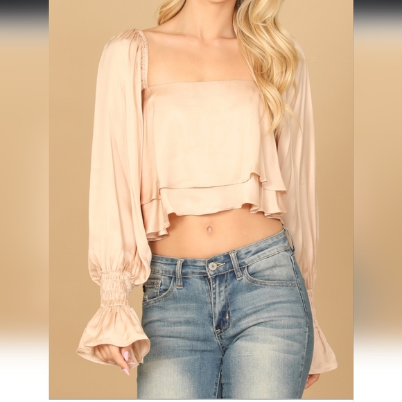CHAMPAGNE SMOCKED FLOUNCE SLEEVE FLOWY SATINY CROP TOP NWT SM, MD & LG - Picture 1 of 5
